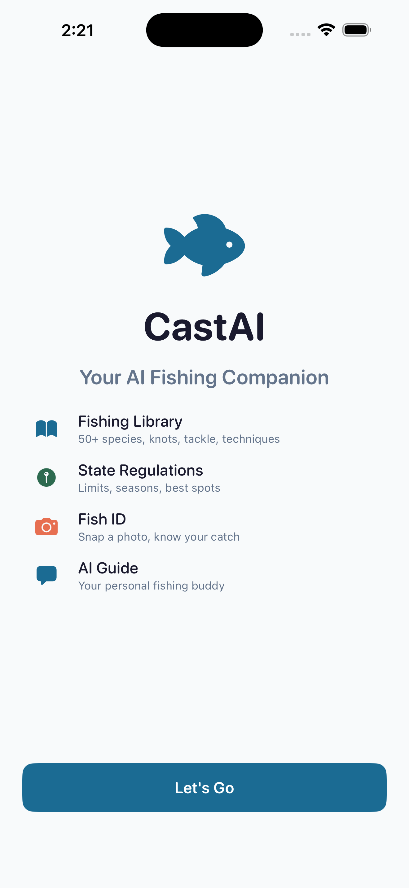 CastAI fishing app home screen