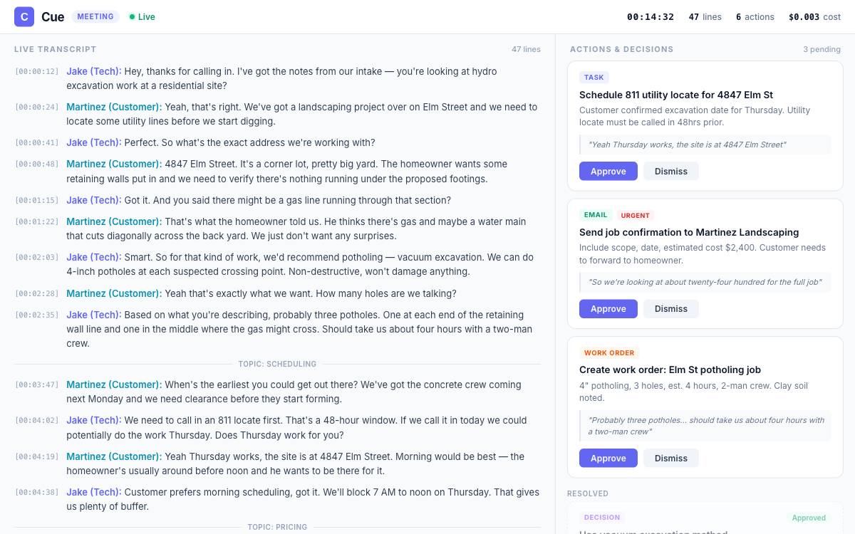 Cue Meeting Engine — Live transcript with AI actions