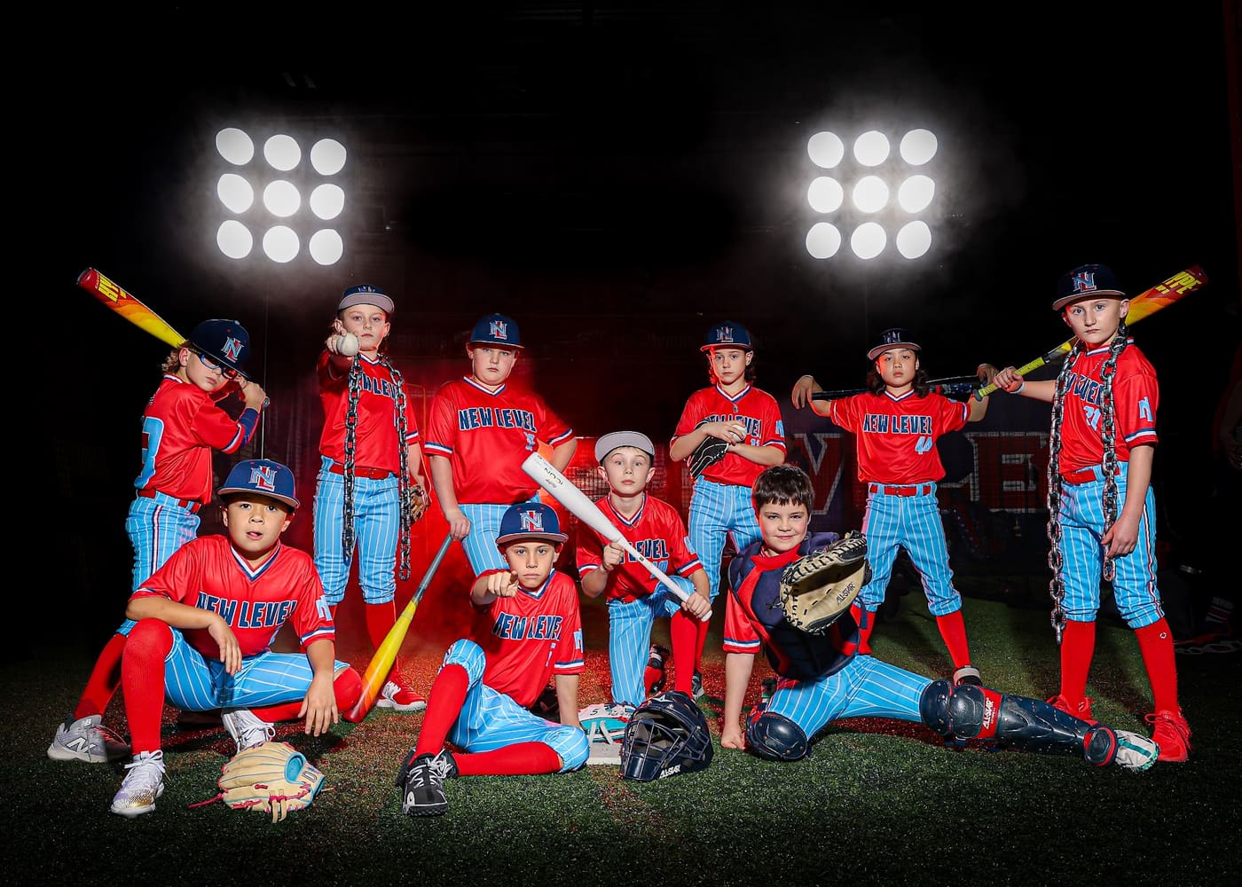 New Level Baseball team posed under studio lights on media day